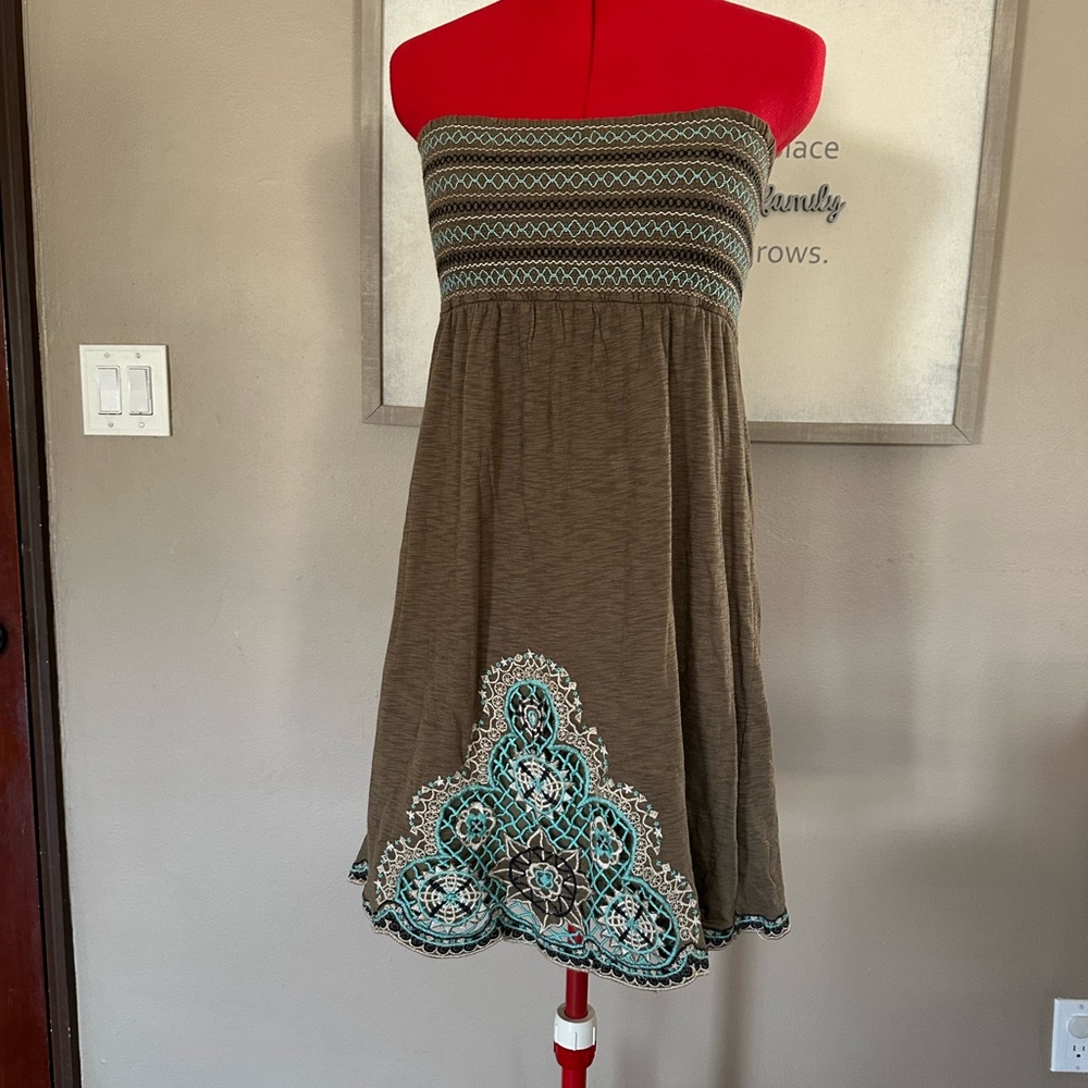 Charlotte Russe Brown Strapless Dress with Teal Embroidery